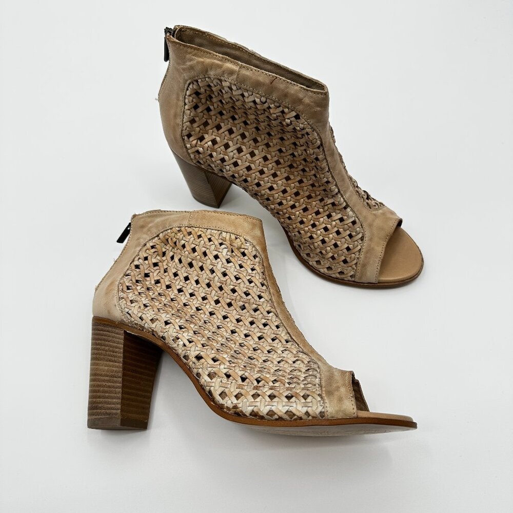 Sundance Trianon Stacked Heel Booties Woven Leather Sandals Shoes 41 US 10 10.5